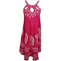 Mogul Interior Women Boho Dress Pink Sleeveless Cut Out Neck Embroidered Flared Dress M