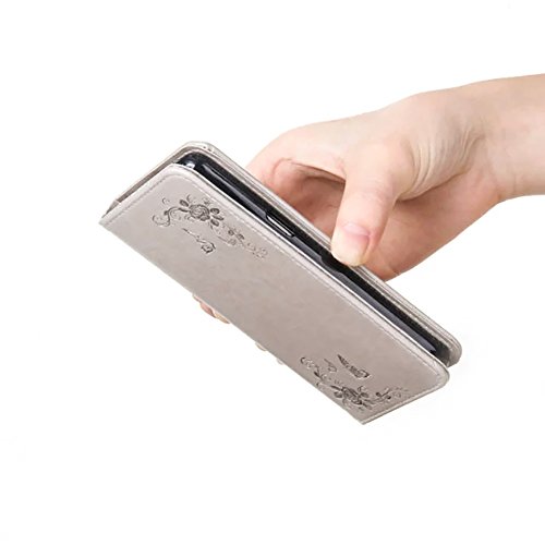 SKYXD Leder Hülle für Samsung Galaxy J3 2016 Rosen Blumen und Schmetterlings Muster,PU Folio Klappbar SchutzHülle [Brieftasche Kartenfach / Magnet / Standfunktion / Trageschlaufe] KlappHülle für mit [Koala Handyanhänger + Eingabestift] 3 in 1 Zubehör Set Handy Tasche Etui for für Samsung Galaxy J3 2016 J320F J3 Duos Bookstyle Flip Case Leather Cover With [Stylus and Dust Plug]- Grau - 8