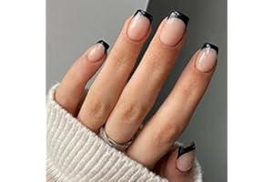 JUSTOTRY 24 Stück Eckig Nägel Zum Aufkleben Kurz,Schwarz French Künstliche Nägel, Trendy Nude Kunstnägel Press on Nails, Square Fingernägel Fake Nails Kurz für Frauen