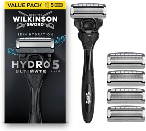 Wilkinson Sword Hydro 5 Ultimate, rasoio da uomo, formato convenienza, con acido ialuronico e lame rivestite in carbonio, manico + 5 ricariche