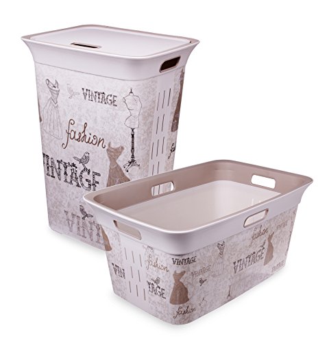 Wäschetruhe Set Wäschekorb Wäschepuff mit Belüftung Moda Vintage 60 Liter mit Deckel + 45 Liter Wäschesammler mit 4 Griffen