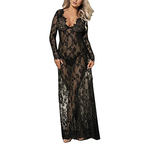 Cinnamou Lenceria Mujer Erotica, Ropa Interior de Vestido Manga Largo Mujer Sexy Transparente Encaje Flores Erotica Ligueros Conjuntos Tallas Grandes con Braga (Negro, 3XL)
