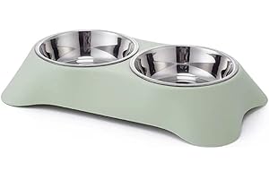 Angeer Double Dog Bowl, Stainless Steel Double Bowl, Anti-slip, Anti-spill And Removable (L, Green)