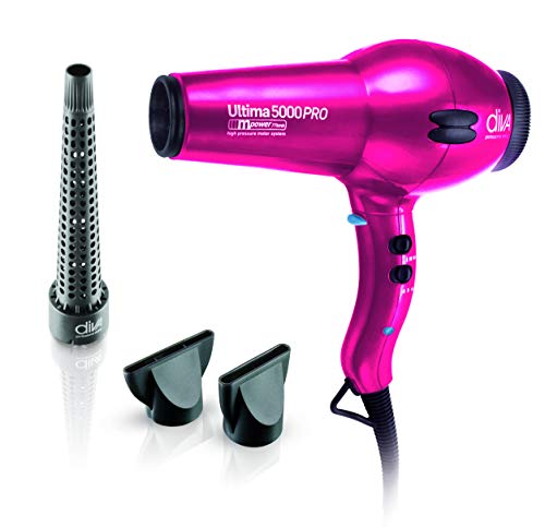 Diva Professional Ultima 5000 Pro Black Diva - Asciugacapelli professionale, motore CA, lunga durata e bocchetta stretta professionale, colore rosa