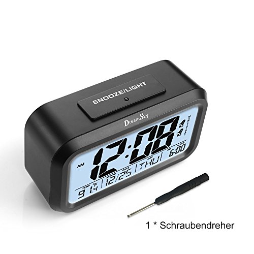 DreamSky Digitalwecker „Dual Alarm“, zwei Weckzeiten, laut, ansteigender Weckton, sensorgesteuerte Nachtlichtfunktion, Schlummerfuntion, Uhrzeit, Datum und Temperaturanzeige, vier Alarmmodi, großes LCD Display, Batteriebetrieb, Schwarz - 2
