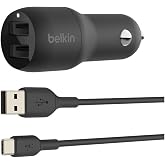Belkin Dual USB Car Charger 24W+USB-C Cable (Boost Charge Dual Port Car Charger, 2 Port USB
