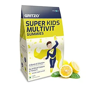 Gritzo Super Kids Multivit Gummies, Kids Multivitamin Gummies for Nutrition & Immunity, Gluten Free, Vitamin A/B5/B12/C/D/E with Zinc and Iodine, Natural Lemon Flavour, 60 Vegan Gummies