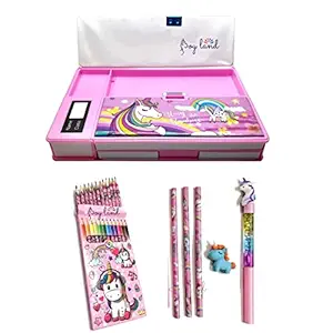 JOY LAND Unicorn Double Sided Jumbo Magnet Pencil Geometry Box and 3 Pencil, 1 Eraser, 1 Pieces Glitter Pen, 12 Color Pencil Combo for Girls (Random Design, Pink)