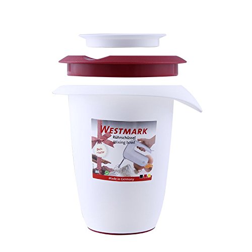 Westmark Quirltopf mit Spritzschutz, Deckel und Ausgießer, Kunststoff, Füllvolumen: 1 Liter, Weiß/Rot, 3151227R - 3