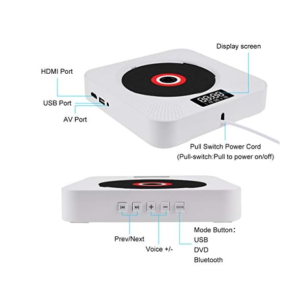 DVD Player Bluetooth Tragbar CD Player Wandmontierbar Kinder MP3 DVD/CD Player Radio mit LED Display, Timing-Funktion, Fernbedienung, HDMI, USB Steckdose, 3,5 mm Kopfhörerbuchse, Weiß – Bild 3