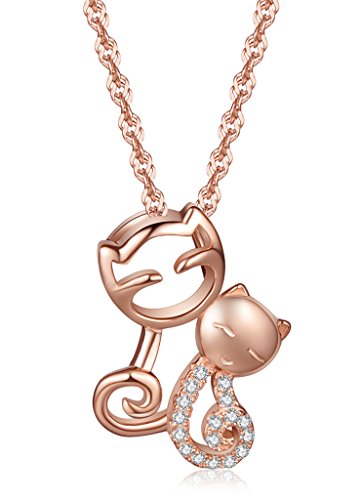 Infinite U elegante de pareja de gatos Plata de ley 925 chapado en los amantes de los de gato Circonita Cúbica Colgante Mujeres Collar Con Colgante, Oro Rosa