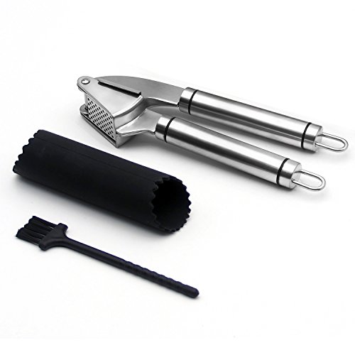 Rostfreie Stahl Knoblauchpresse und Silikon Schäler Set mit Saubermach Bürste für die Küche