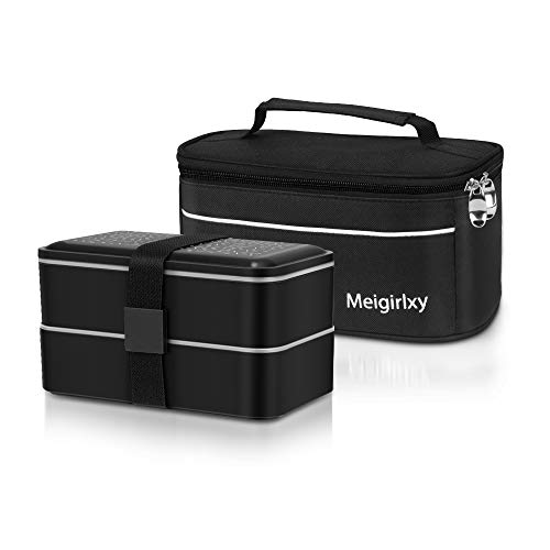 Meigirlxy Lunch Box avec Portable Sac à Déjeuner, Boite à Bento Boîtes Repas Noir avec 2 Compartiments, Set de 2 Couverts BPA Micro Onde Réutilisable