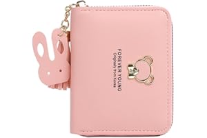 IFUDE Süße Geldbörse für Mädchen Damen mini Portemonnaie Kinder aus Weichem PU Leder mit Reißverschluss,Cartoon-Design Anhänger,Münzfach und Kartenfächern (Rosa)