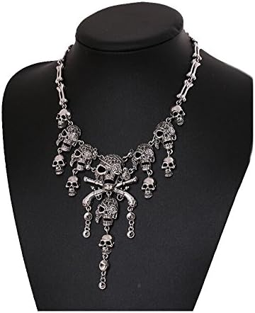 DELEY Vintage Alloy Pirate Skull Skeleton Tassel Collar Bib Gothic Statement Necklace Silver