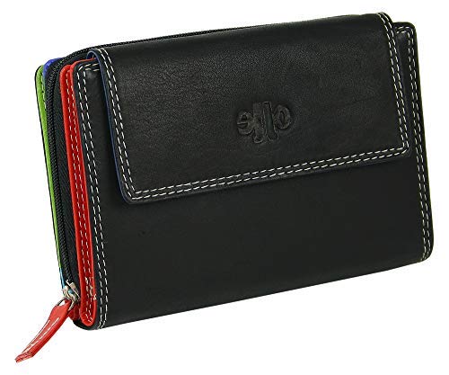Jennifer Jones - Grand Portefeuille Femme en Cuir véritable, Noir Un Design intérieur coloré, Porte-Monnaie Multicolore de Nombreux Compartiments, Compartiment à Monnaie, Compartiment p