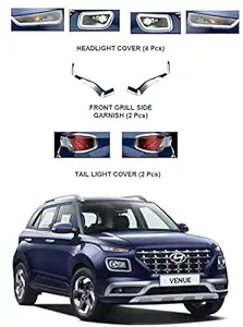 AutoBling Exterior Chrome Accessories Combo Kit (Headlight Cover/Tail Light Cover and Side Grill Garnish) Compatible with Hyundai Venue (2019-Present)