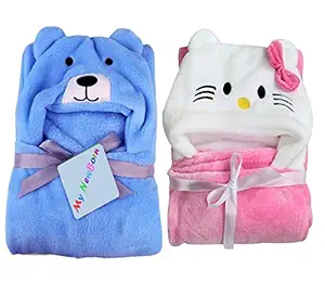 MY NEWBORN Baby Bath towel Wrapper with cartoon hood Blue, pink -Pack of 2