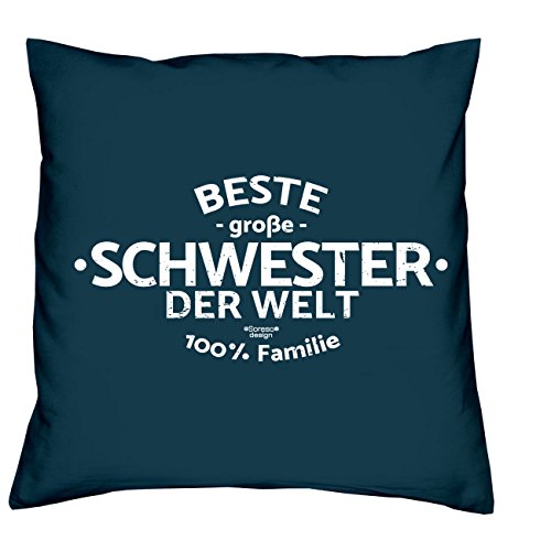 Geschenk-Set :: Beste große Schwester der Welt :: Kissen komplett inkl. Füllung und Urkunde Tolle Geschenkidee für Weihnachten Geburtstag Valentinstag Weihnachtsgeschenk Farbe:navy-blau