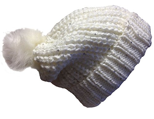 DINZIO Ladies Women Chunky Knitted Slouch Beanie HAT with Sparkle Accent Sequins and Faux Fur Detachable Pompom