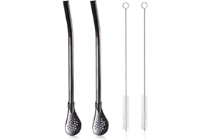 FATIYA Zdejmowana łyżka filtrująca ze stali nierdzewnej z 2 szczotkami do czyszczenia, słomka Yerba Mate Bombilla, wielokrotnego użytku, metalowa łyżka słomkowa, mieszadło koktajlowe do picia herbaty luzem,