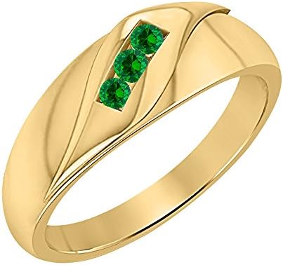 RUDRAFASHIONS Men's Wedding Three Stone Anniversary Band Ring 1.65ctw Round Created Emerald 14K Yellow Gold .925 Sterling Silver