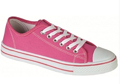LADIES WOMENS GIRLS CANVAS LACE UP PLIMSOLL FLAT GYM SHOES SNEAKERS TRAINER PUMPS SIZE (UK 5 / EU 38, Hot Pink)