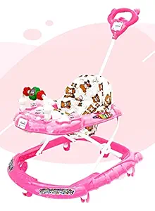 EVOHOME Panda Handle Smart Musical Round Toddler Baby Walker with Comfy Seat and Activity with Light and Musical Toy Bar and Ultra Soft Seat for Kids with Parental Handle (Pink)