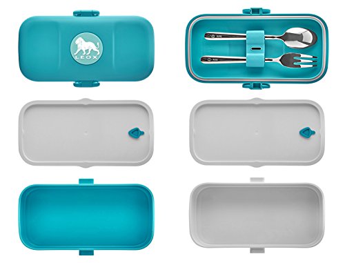 LeOx- Lunchbox mit zwei Fächern Bento Box Brotdose Aufbewahrungsdose Lunchbox mit Unterteilung Essen to go Food Container Lunchbox zwei Fächer mit Besteck aus Edelstahl (Blau) - 6