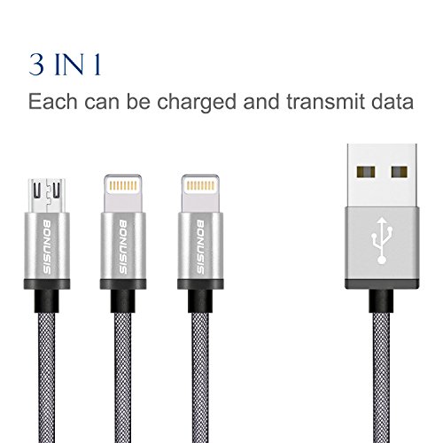 USB Kabel iPhone Ladekabel 4FT/1.2M mit Schnittstelle 3 in 1 (Lightning/Lightning/Micro-USB Anschlüsse) und Funktion 2 in 1 (Schnelllade- und Blitzdaten-Sync) [Lightning+Lightning+Micro, Silber]