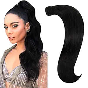 RUNATURE Real Hair Ponytail Extension Jet Black Hair Pieces for Women Ponytail 14inch Clip in Ponytail 70g Black Ponytail Extension Wrap Around Ponytail
