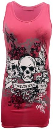 XpoZed ModaWomens Forever Young Skull Printed Vest TOP TEE T-Shirt (S/M, Fuschia)