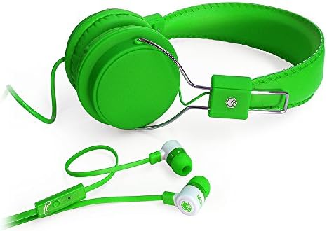 MQbix MQHT470GRN 2-In-1 Combo Pack EarFoam Plus High Performance In-Ear Earphones with Built-In Mic and Deep Bass Stereo Headphones, Green