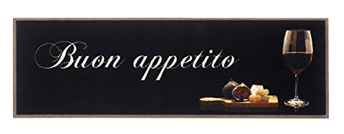 Küchenläufer / Küchenmatte / Dekoläufer für Küche und Bar / Teppich / Läüfer / Läufer / waschbare Küchenläufer / Küchendeko Modell ,,COOK & WASH Buon Appetito - schwarz - mit Wein Glas - Käse und Feige - " Größe ca. 50 x 150 cm / Maschinen waschbar auf 30 grad