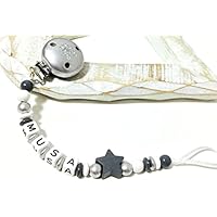 Schnullerkette mit Namen - Kleiner Prinz - Stern - Junge - silber - grau - weiß - B005