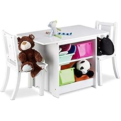 Relaxdays Ensemble table et chaises enfants en bois ALBUS pour les filles et les garçons table avec emplacement pour caisses de rangement, blanc