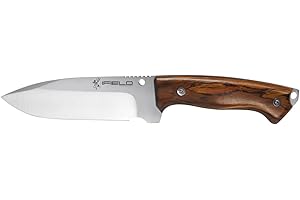 iFIELD Cuchillo de Caza Deportivo Workout EL29104, Hoja de 15 cm MOVA Satinado, Funda de Piel marrón con pedernal y Piedra de afilar, Herramienta de Camping para Pesca, Caza, Actividad Deportiva