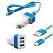 Produktbild Micro USB Auto Ladegerät 2.1A 2.0A und 1.0A 3 fach Anschluss 12V USB Kfz Ladeadapter car charger für Zigarettenanzünder mit Nylon Ladekabel für Samsung Galaxy, Oneplus, Sony Xperia, LG, Nexus, HTC Tablets in Blau