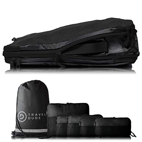 TRAVEL DUDE Cubos de Embalaje con Bolsas de Compresión para Equipaje | Organizador de Viajes y lavandería | Resistente al Agua y Ultra liviano (Negro, 7 Piezas)