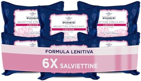 Acqua alle Rose, Salviettine Stuccanti Lenitive per Pelli Sensibili, con Estratto di Rosa Chinensis che protegge contro gli agenti esterni, Azione Struccante su Viso, Occhi e Labbra - 6 Conf. da 20 pz