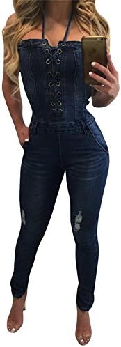 Women's Denim Jumpsuit Sexy Halter Strapless Lace-up Bodycon Long Jeans Jumpsuit Playsuit Party Clubwear (S, Dark Blue)