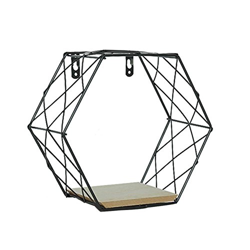 PROKTH Etagere Murale Design Etagere Murale Bois Hexagone Etageres Decoration Murale Metal Convient pour Les Salons, Chambres, Bureaux, Bars Noir 1PC