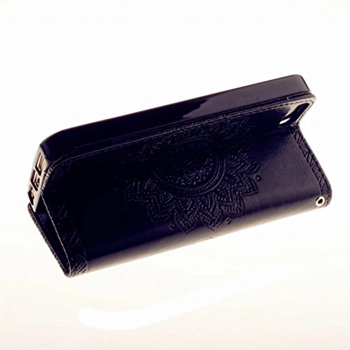 MUTOUREN Hülle für iphone SE iphone 5 5s Schutzhülle [Kratzfeste, Scratch-Resistant] Bookstyle PU Lader HandyHülle Tasche Wallet Flip Case Lederhülle Brieftasche mit Standfunktion Kartenfächer Magnetic schließt Painted Muster- Henna Indische Sonne Mandala Schwarz + Metall Stylus Stift - 6