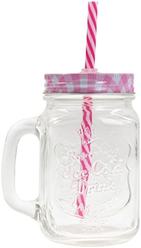 500ml Glass Drinking Cup With Handle &amp; Straw Glasses Mason Jar Colour Lids Retro