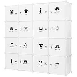 LANGRIA Armoire avec Penderie Modulable 16 Cubes avec Tige a Vêtements, Autocollants Divers pour Décor, Meuble Rangement (Blanc)