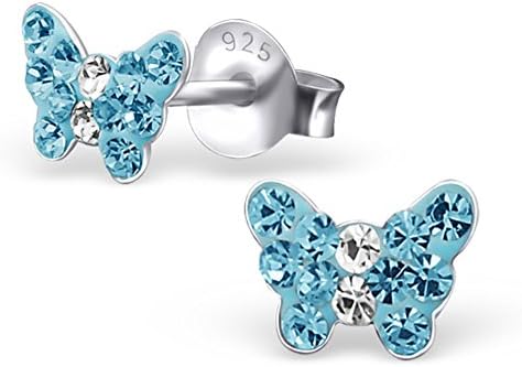 Girls Silver Earrings Blue and Clear Gem Butterfly 925 Sterling Silver -With Gift Box -