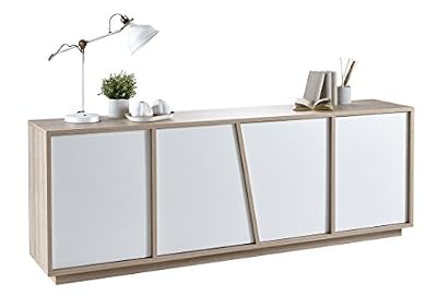 Demeyere 223488 Nature Enfilade 4 Portes Ouvrante Panneau Particule Chêne Brossé/Blanc Perle 210 x 42,3 x 75 cm