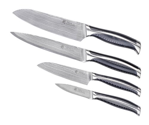 Wakoli 4DM-CHE-ABS 4er Damastmesser Set, Japanischer Damaststahl VG-10, Lagu