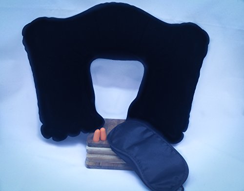 3 in 1 Reiseset, weiches aufblasbares Nackenkissen, perfekt für Unterwegs im Flugzeug, Auto oder Bahn, praktisch und kompakt inklusive Schlafmaske, Ohrstöpsel und Aufbewahrungstasche - 4