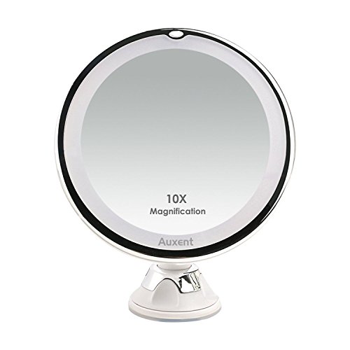 Auxent Espejo de maquillaje LED 10X Aumento Espejo cosmético luminoso con base de ventosa, 360 Rotación, Portátil y sin cable, Blanco